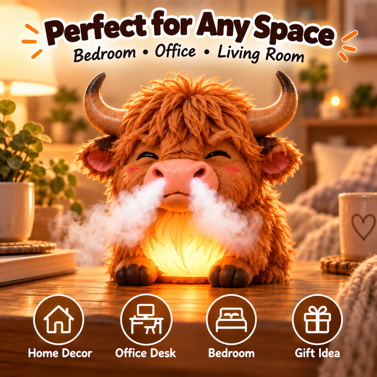 🐮 Highland Cow Huff™💡 – Tap-to-Puff Humidifier & Colorful Night Light