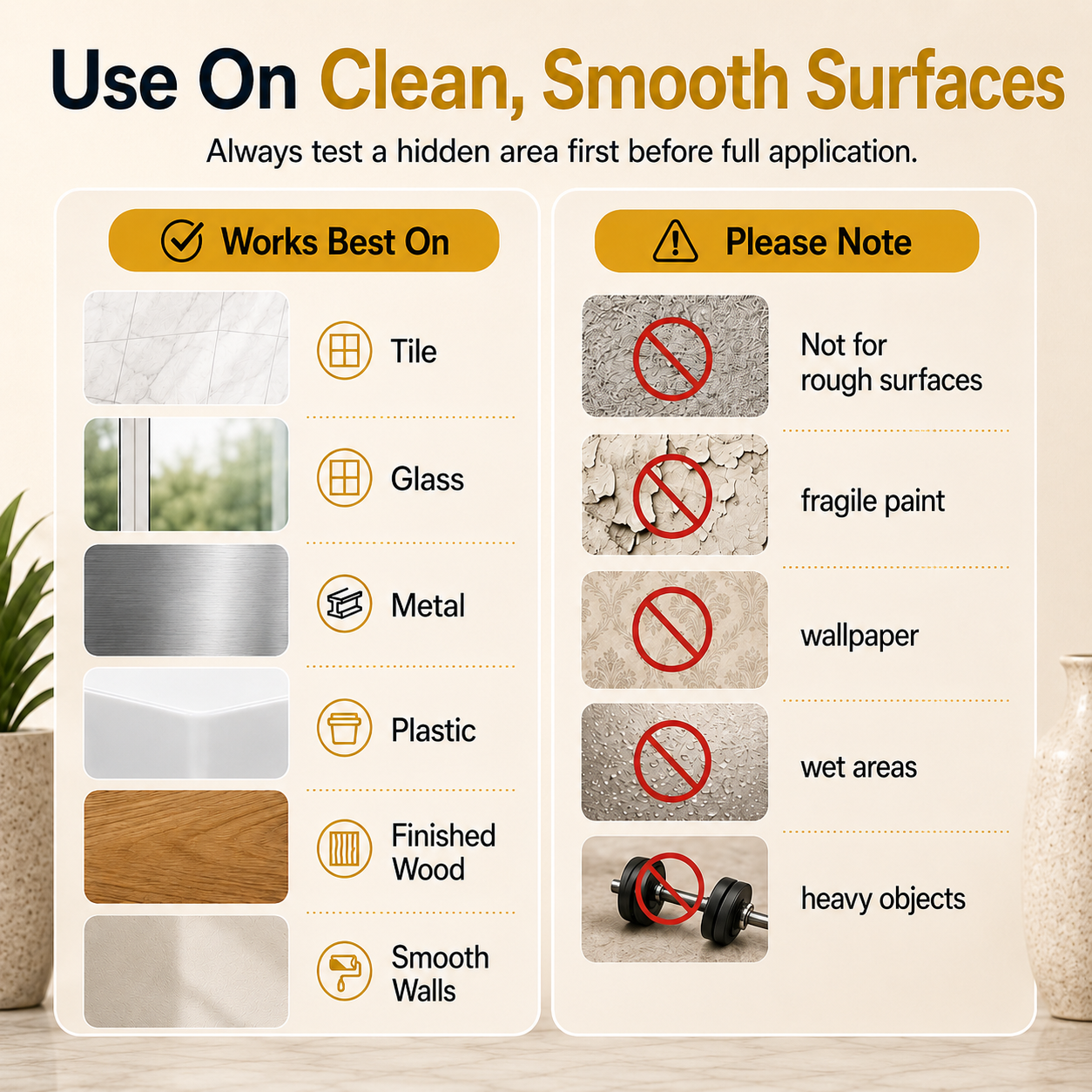 Recommended and unsuitable surfaces for double-sided mesh tape