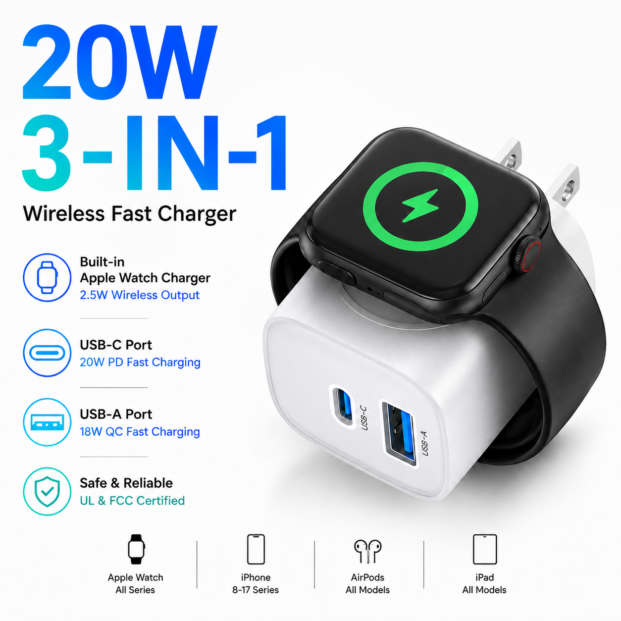 🔥Last Day 55% OFF - 3-in-1 20W USB-C Fast Charger with Magnetic Apple Watch Dock & Cable
