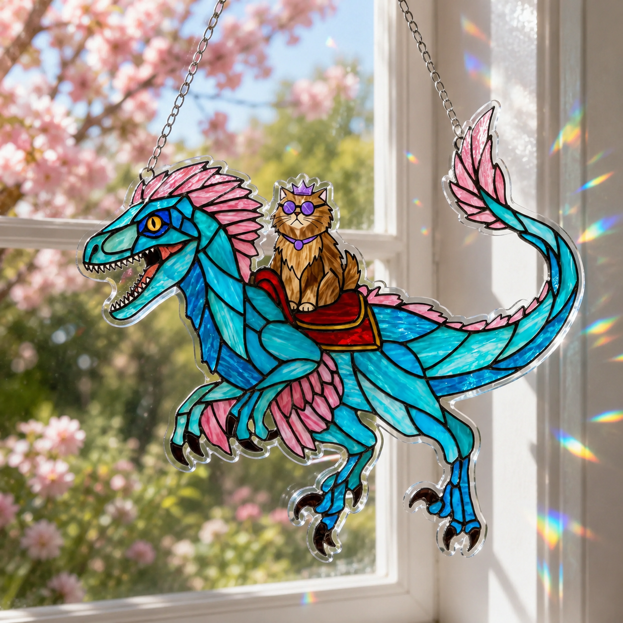 🌈 Princess Cat & Dino Acrylic Suncatcher – Turn Sunlight Into Magic ✨