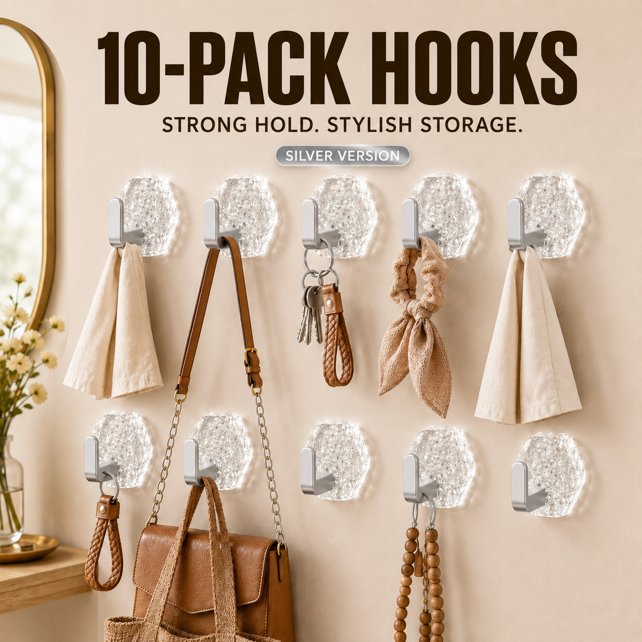 🏠✨10-Pack Heavy-Duty Adhesive Hooks – Strong Hold, No Drilling