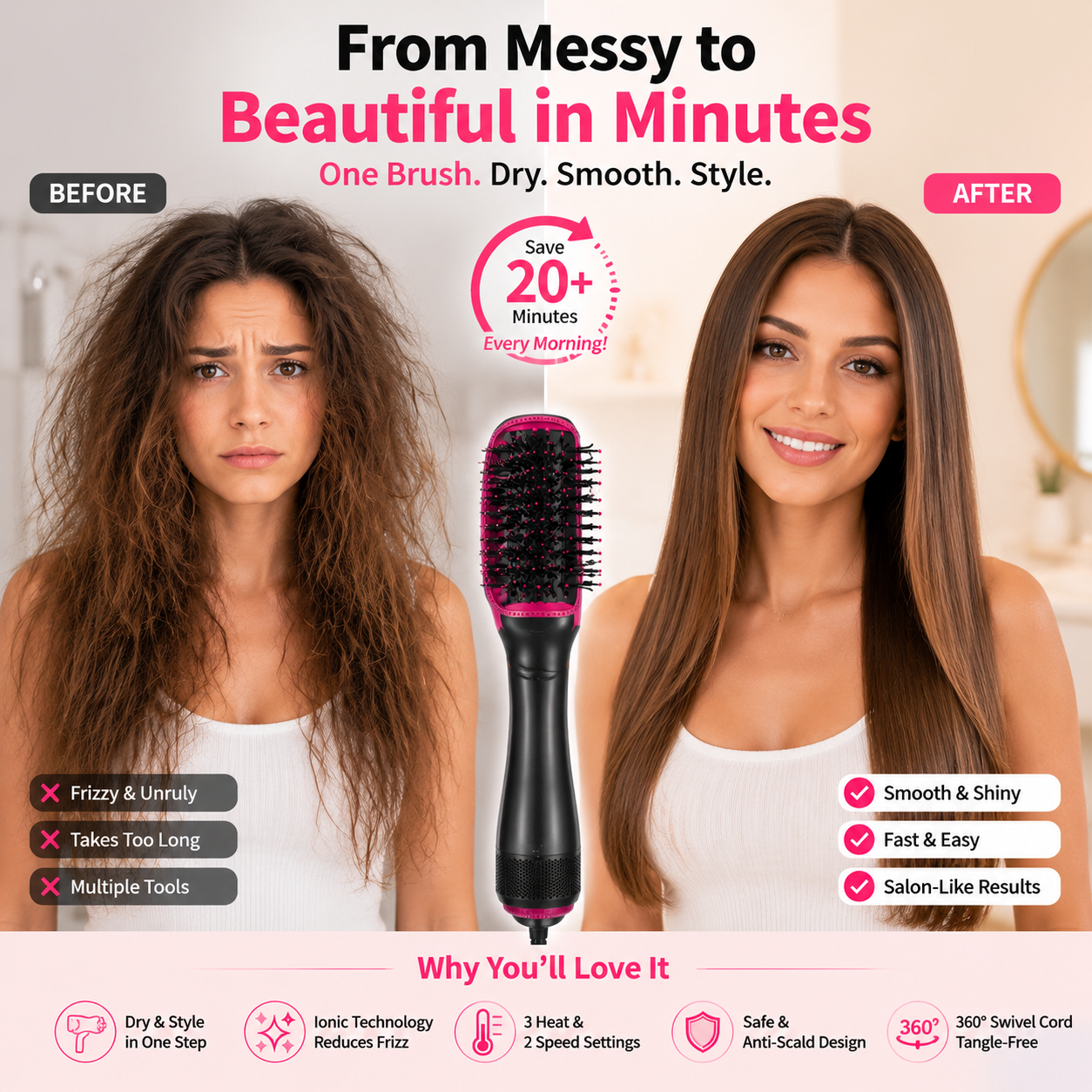💇‍♀️ 3-in-1 Hair Dryer Brush | One-Step Blowout Styling Tool
