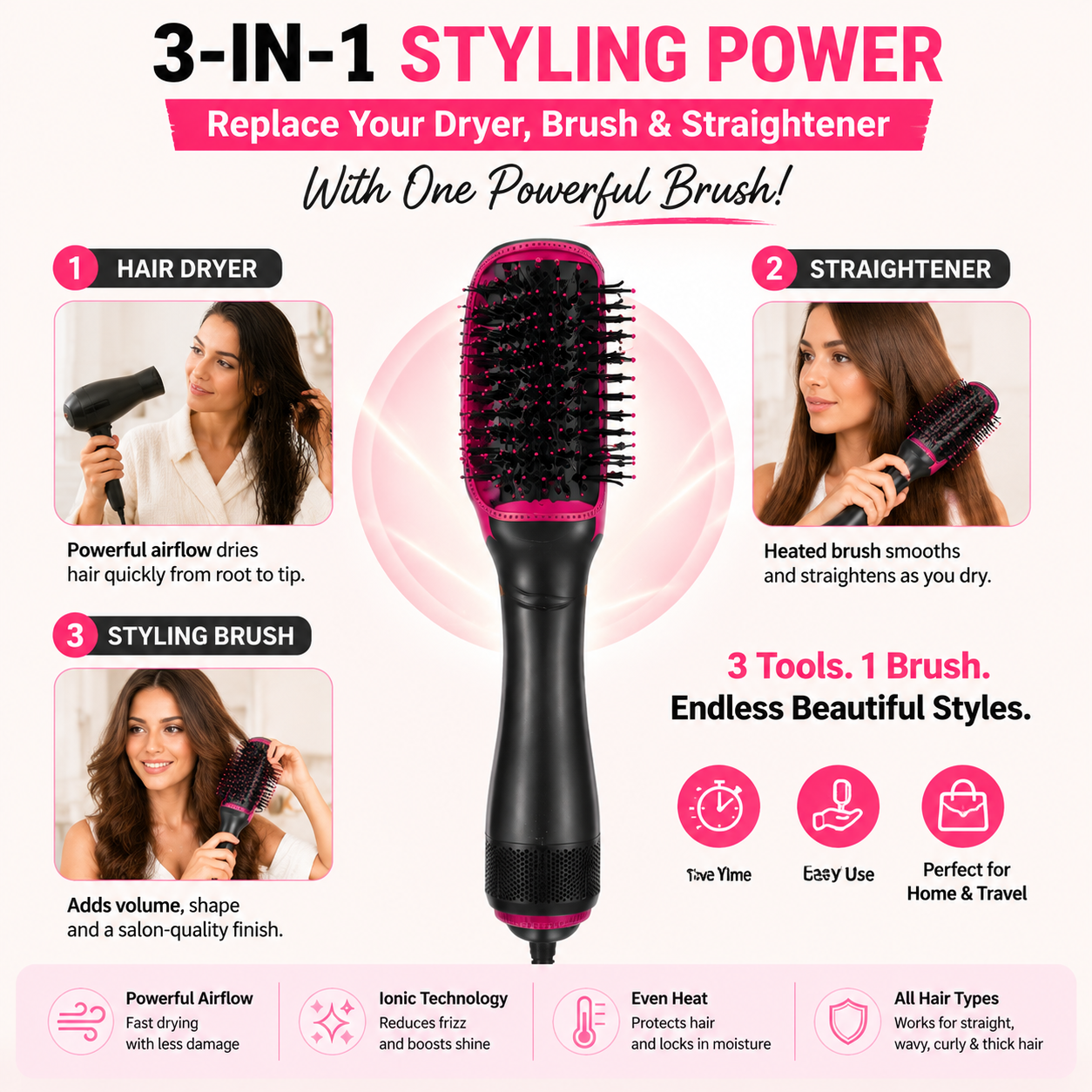 💇‍♀️ 3-in-1 Hair Dryer Brush | One-Step Blowout Styling Tool
