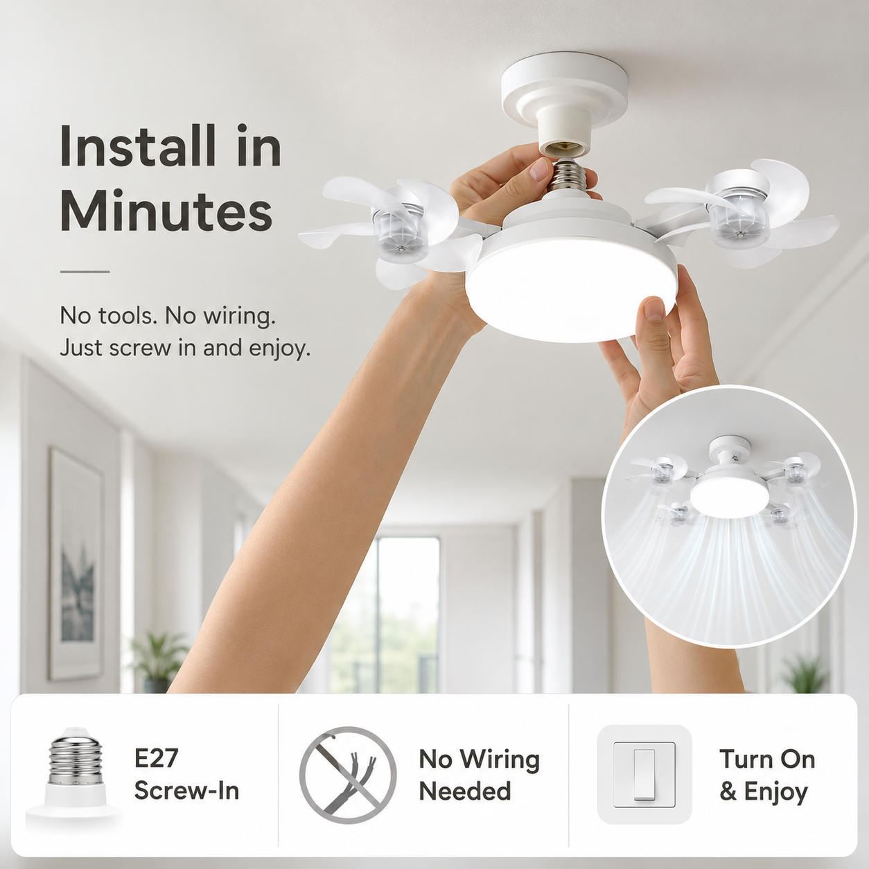 🔥50% OFF TODAY💡 2-in-1 Ceiling Fan Light 🔧No Wiring • No Tools • Just Screw It In