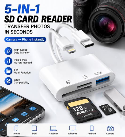 💥Limited-time 50% discount🔌 5-in-1 SD Card Reader for iPhone & USB-C – Fast Photo & Video Transfer Adapter