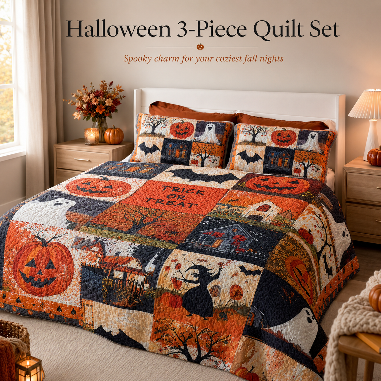 🎃🛏️Halloween Bedding Set – Cozy 3-Piece Quilt for Fall Decor