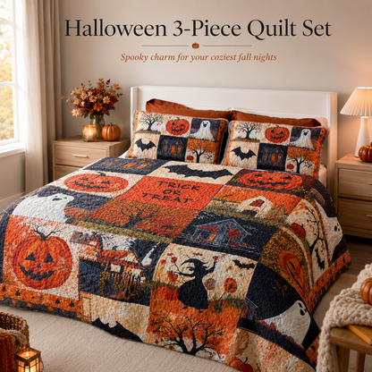 🎃🛏️Halloween Bedding Set – Cozy 3-Piece Quilt for Fall Decor