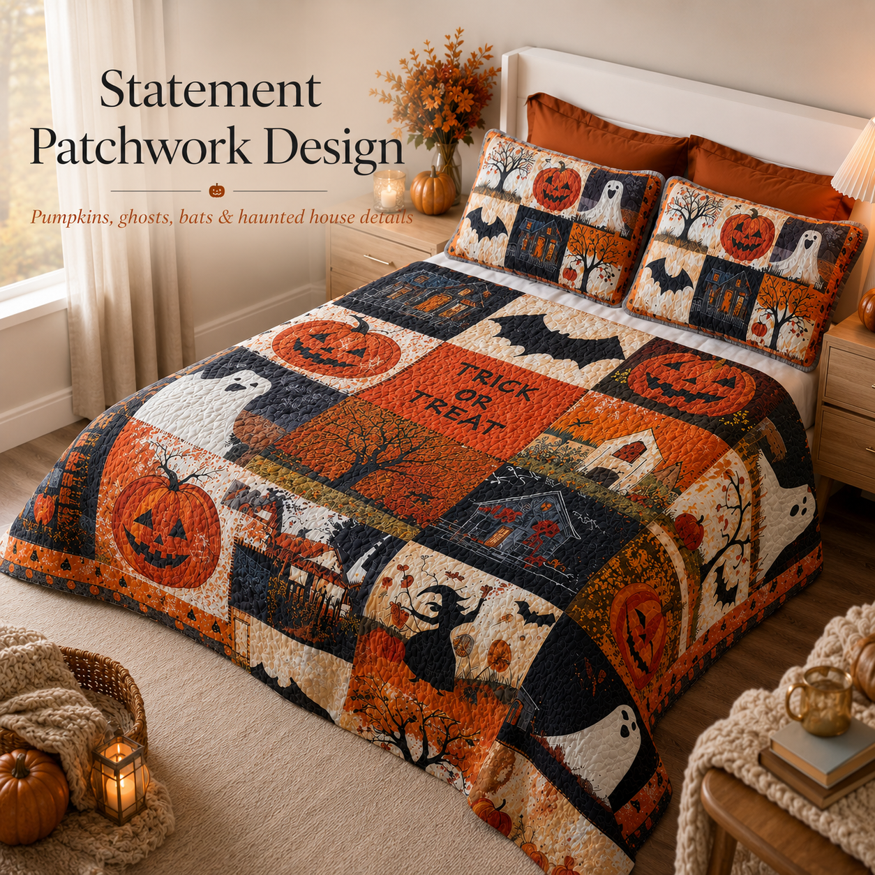 🎃🛏️Halloween Bedding Set – Cozy 3-Piece Quilt for Fall Decor