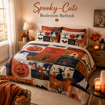 🎃🛏️Halloween Bedding Set – Cozy 3-Piece Quilt for Fall Decor