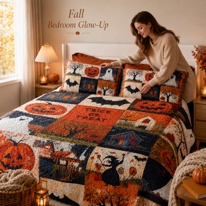 🎃🛏️Halloween Bedding Set – Cozy 3-Piece Quilt for Fall Decor