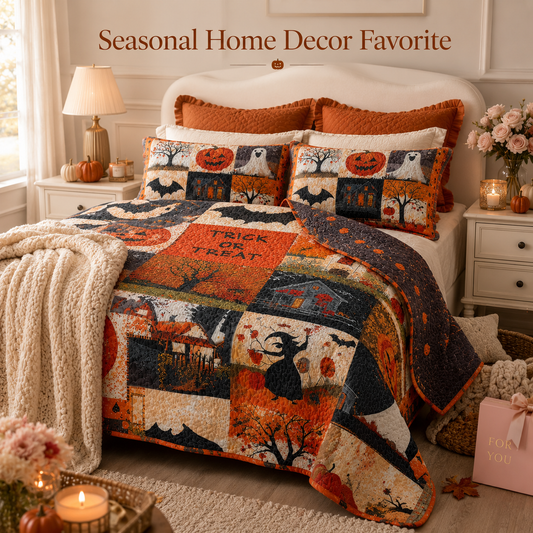 🎃🛏️Halloween Bedding Set – Cozy 3-Piece Quilt for Fall Decor