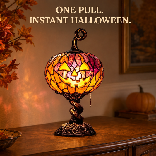 🎃 Vintage Halloween Mosaic Pumpkin Glow Lamp with Pull Chain Switch 🕯️