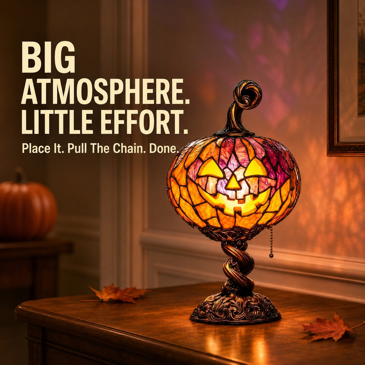 🎃 Vintage Halloween Mosaic Pumpkin Glow Lamp with Pull Chain Switch 🕯️