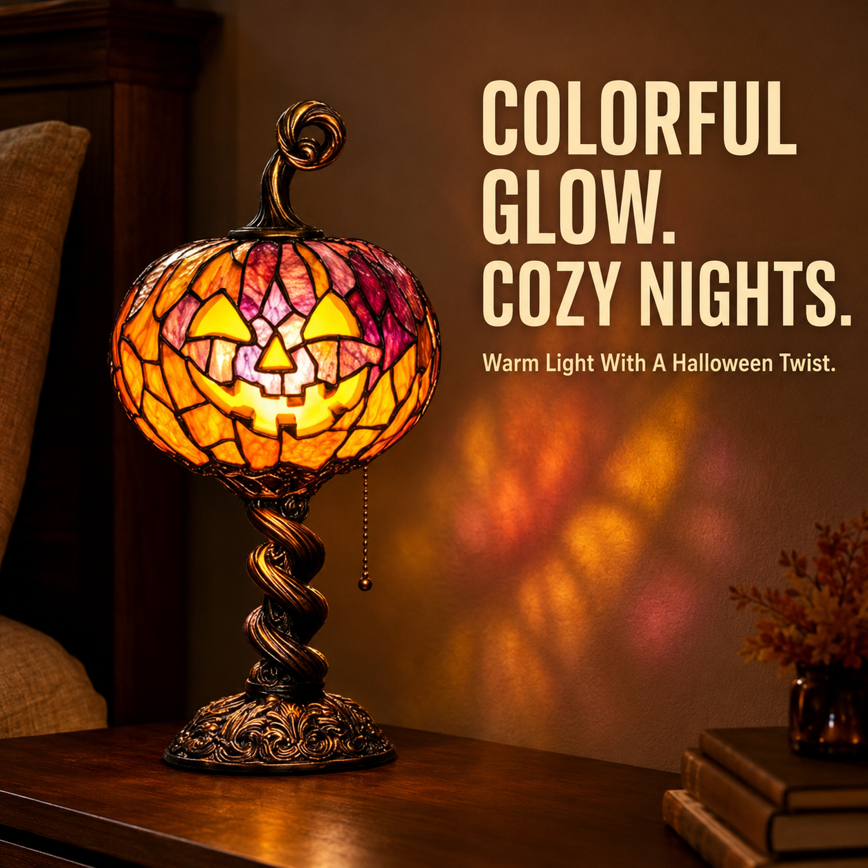 🎃 Vintage Halloween Mosaic Pumpkin Glow Lamp with Pull Chain Switch 🕯️