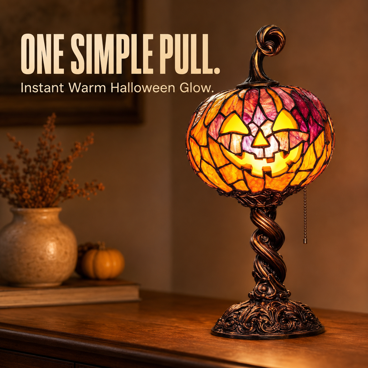 🎃 Vintage Halloween Mosaic Pumpkin Glow Lamp with Pull Chain Switch 🕯️