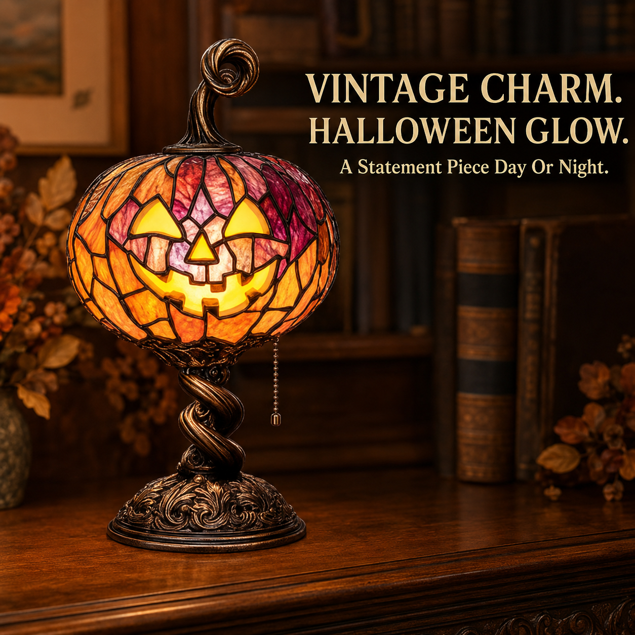 🎃 Vintage Halloween Mosaic Pumpkin Glow Lamp with Pull Chain Switch 🕯️