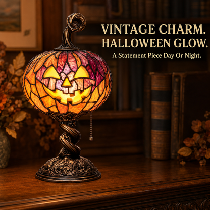 🎃 Vintage Halloween Mosaic Pumpkin Glow Lamp with Pull Chain Switch 🕯️