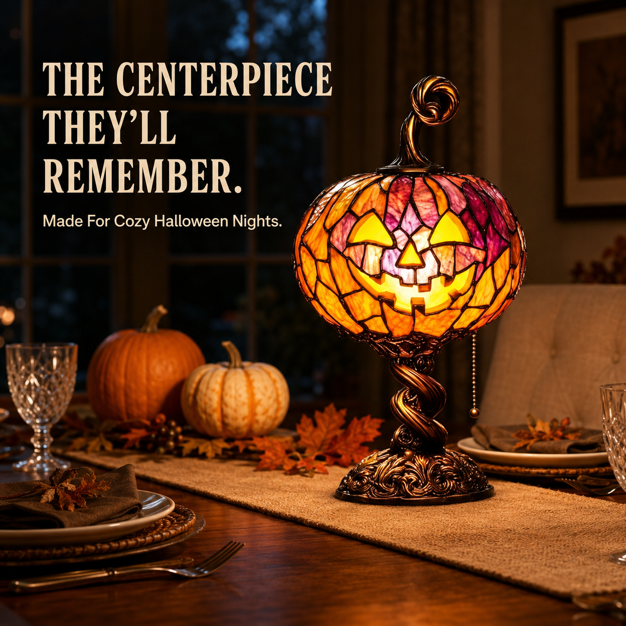 🎃 Vintage Halloween Mosaic Pumpkin Glow Lamp with Pull Chain Switch 🕯️