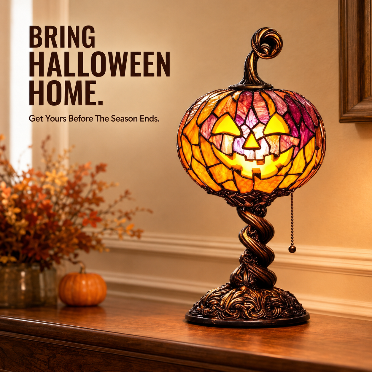 🎃 Vintage Halloween Mosaic Pumpkin Glow Lamp with Pull Chain Switch 🕯️