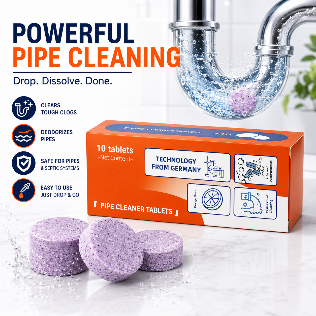🧼50% OFF TODAY🚿 Multi-Purpose Pipe Cleaner Tablets ✨Cleans Drains, Washers & Septic Systems