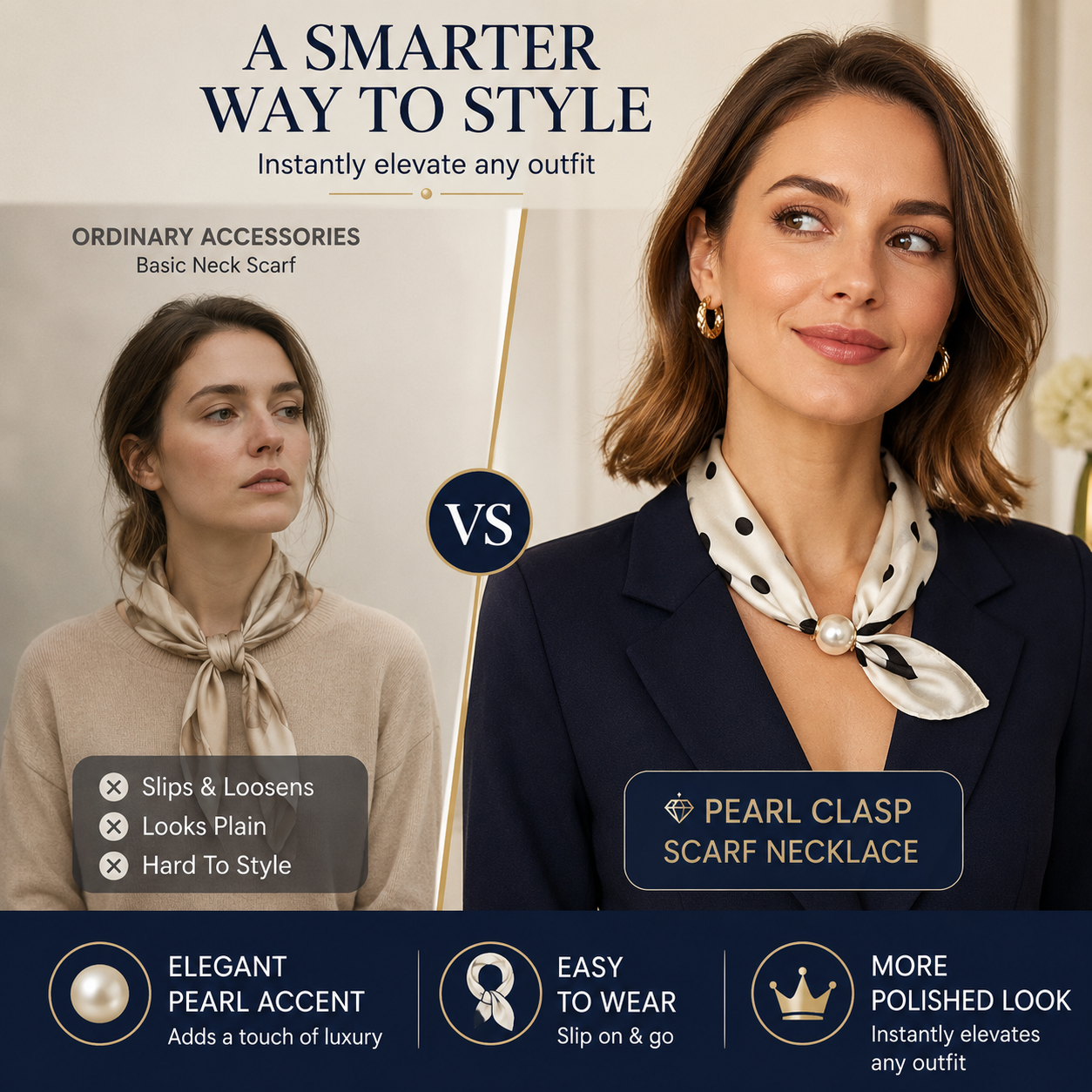 🔥HOT SALE 🧣 Elegant Pearl Clasp Scarf Necklace & Silk Feel Scarf ⚪
