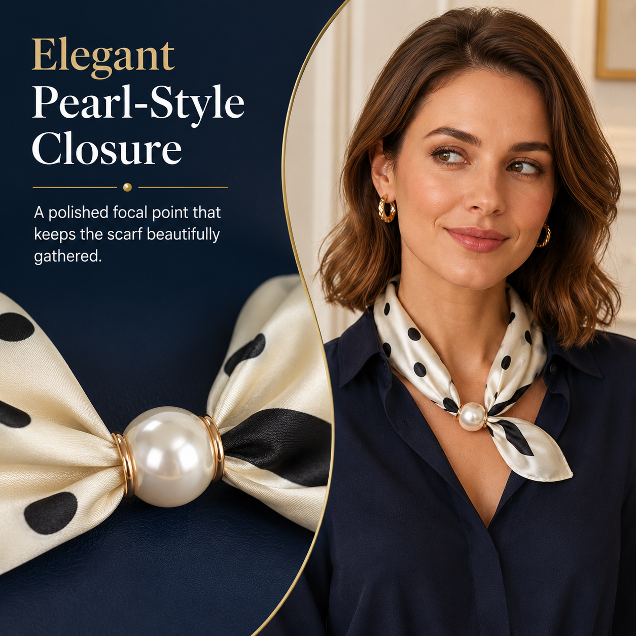 🔥HOT SALE 🧣 Elegant Pearl Clasp Scarf Necklace & Silk Feel Scarf ⚪