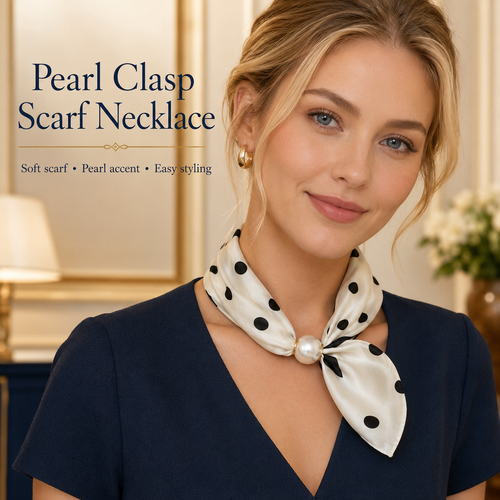 🔥HOT SALE 🧣 Elegant Pearl Clasp Scarf Necklace & Silk Feel Scarf ⚪