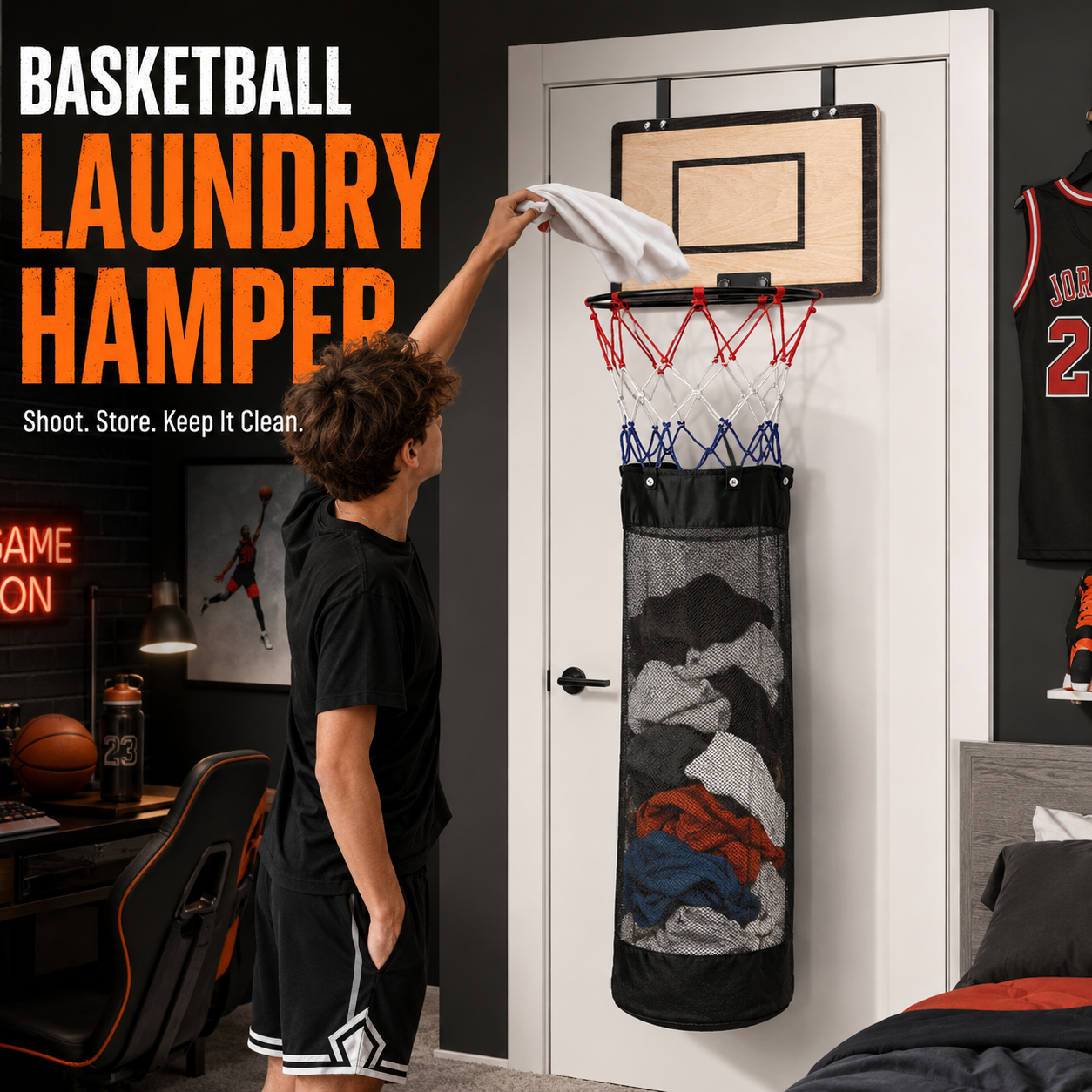 🏀 Over-the-Door Basketball Laundry Hamper – Turn Laundry into a Fun Game