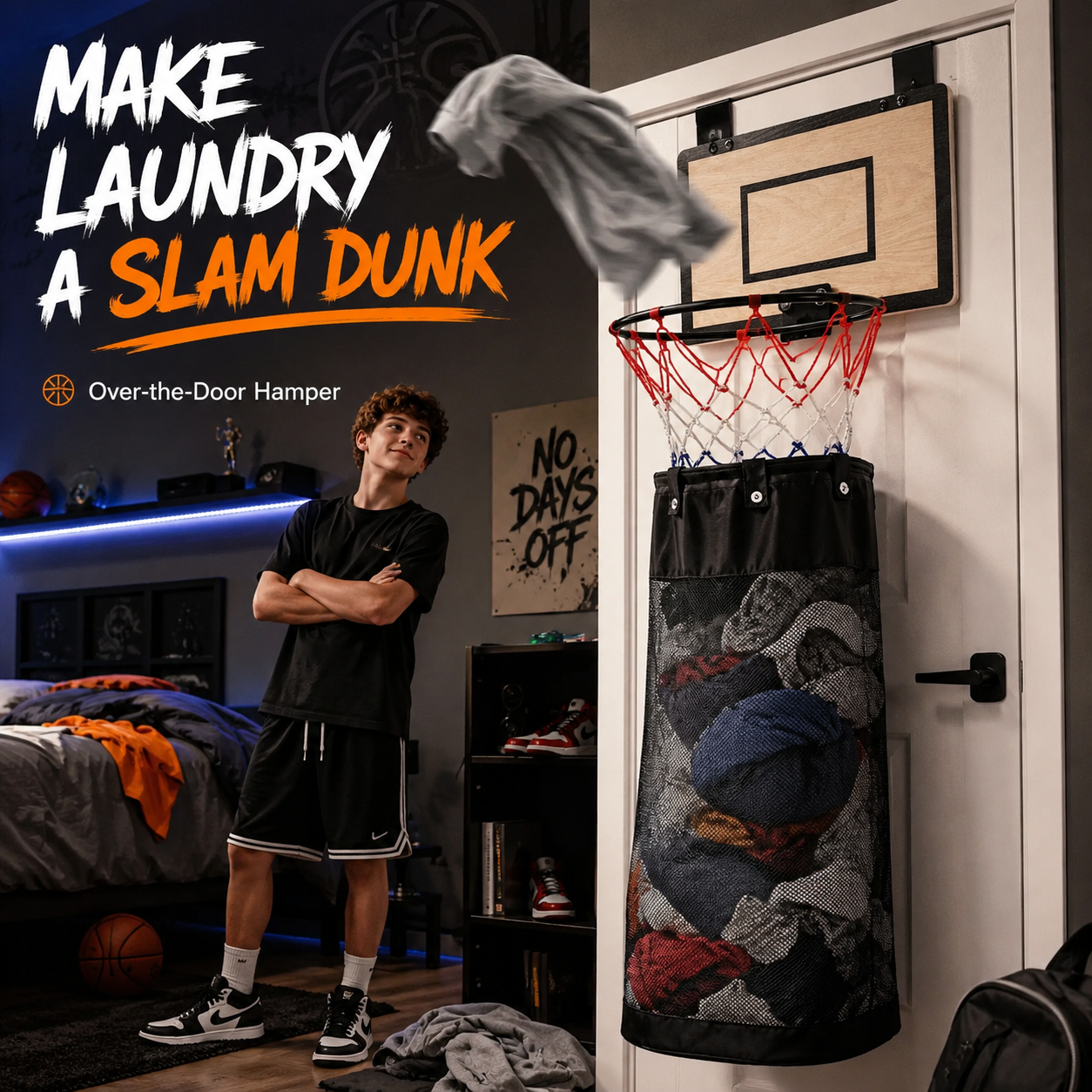 🏀 Over-the-Door Basketball Laundry Hamper – Turn Laundry into a Fun Game