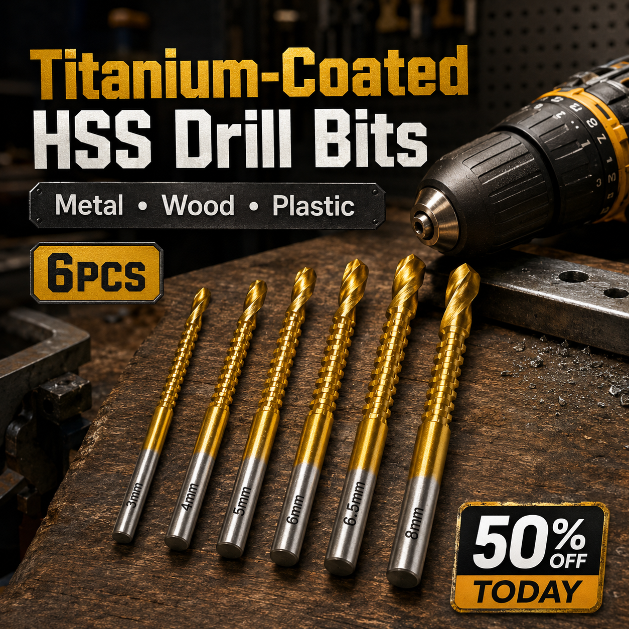 ⚡50% OFF TODAY🔩 6PCS Titanium Drill Bits – Metal, Wood & Plastic Ready