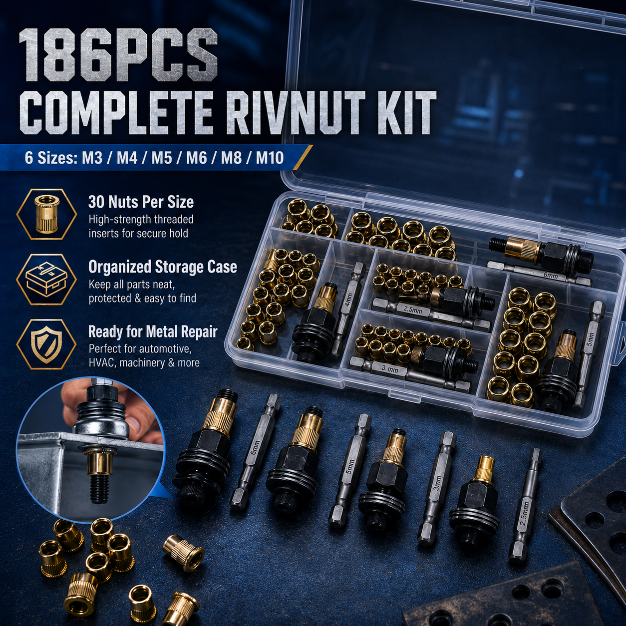 🔧 186Pcs M3-M10 Rivet Nut Tool Kit ⚙️