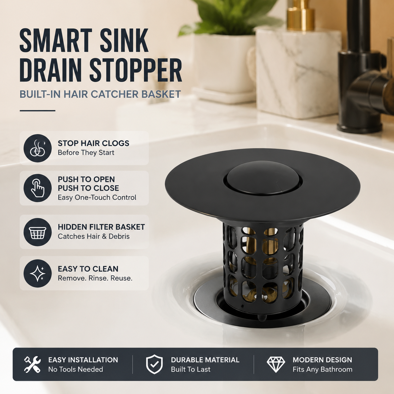 🚿 Pop-Up Sink Drain Stopper with Built-In Hair Catcher Basket Filter ⚓