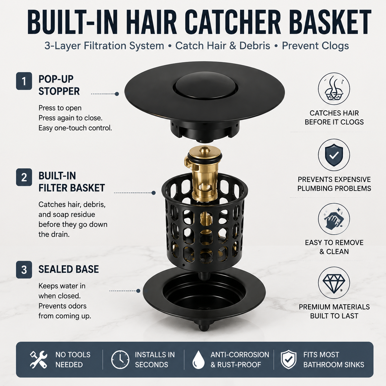 🚿 Pop-Up Sink Drain Stopper with Built-In Hair Catcher Basket Filter ⚓