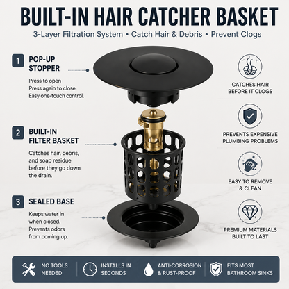 🚿 Pop-Up Sink Drain Stopper with Built-In Hair Catcher Basket Filter ⚓