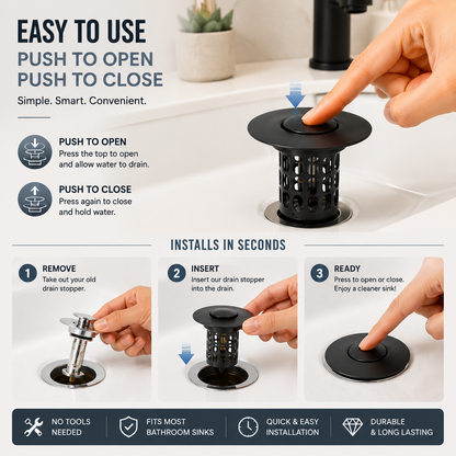 🚿 Pop-Up Sink Drain Stopper with Built-In Hair Catcher Basket Filter ⚓