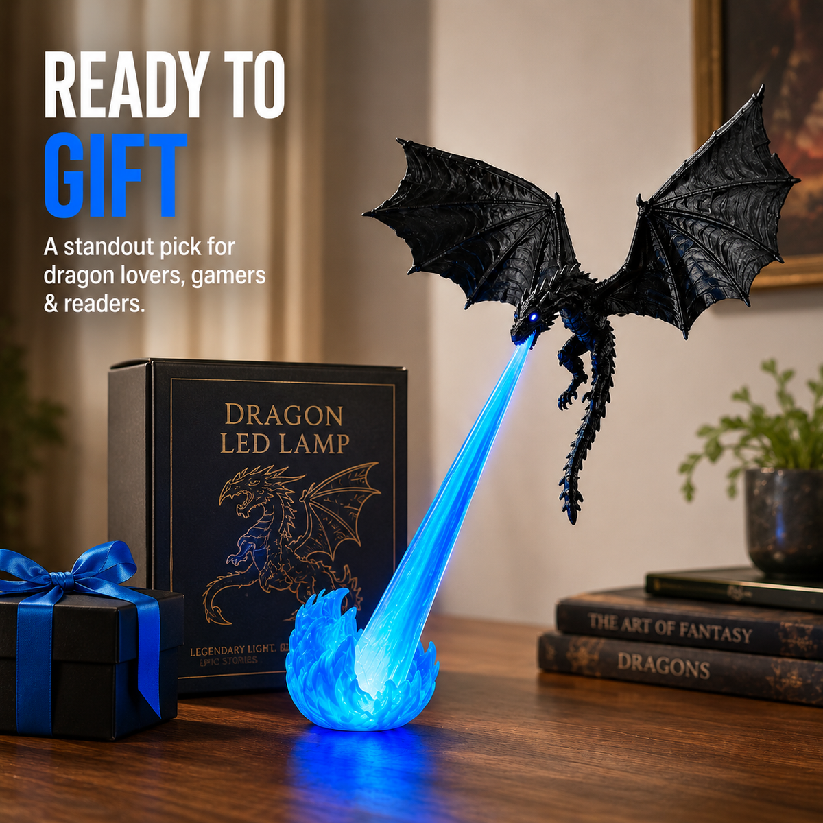 🔥 HOT DEAL 55% OFF🐉 Glowing Dragon Bookend with LED Flame Effect