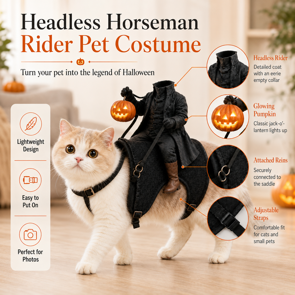 🎃 Early Halloween Sale — 50% Off | 🐈‍⬛ Headless Horseman Cat Costume – Funny Halloween Rider Outfit