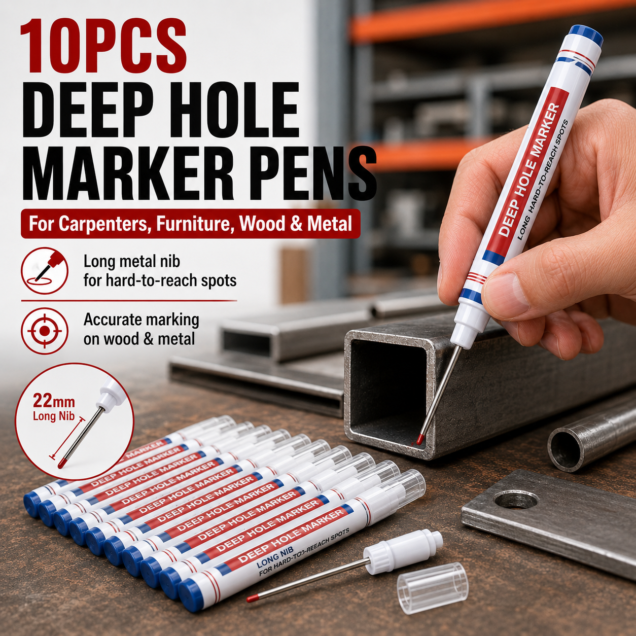 💥 10-Pack Deep Hole Marker Pens – For Carpenters, Furniture, Wood & Metal