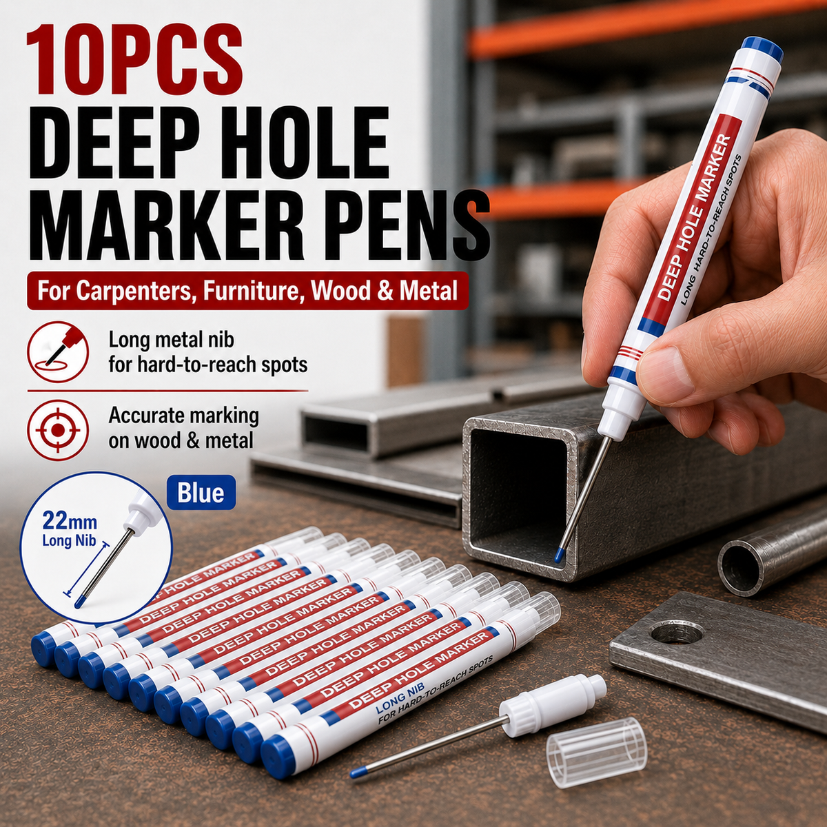💥 10-Pack Deep Hole Marker Pens – For Carpenters, Furniture, Wood & Metal