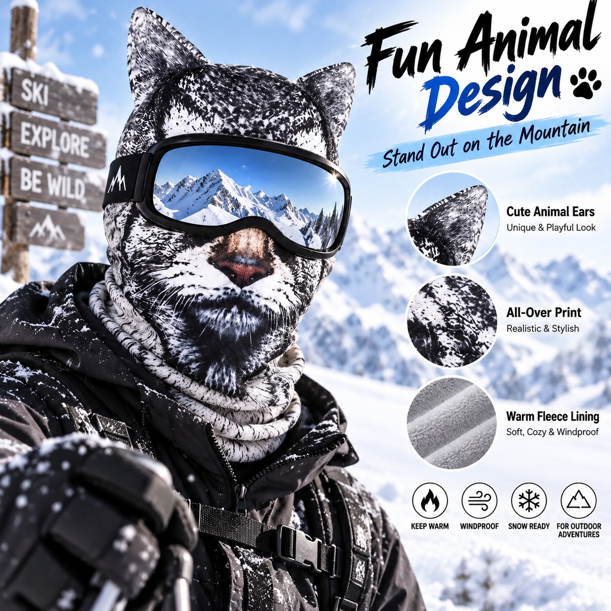 ✨3D Cat Ski Mask with Ears – Funny Windproof Balaclava for Skiing & Festivals