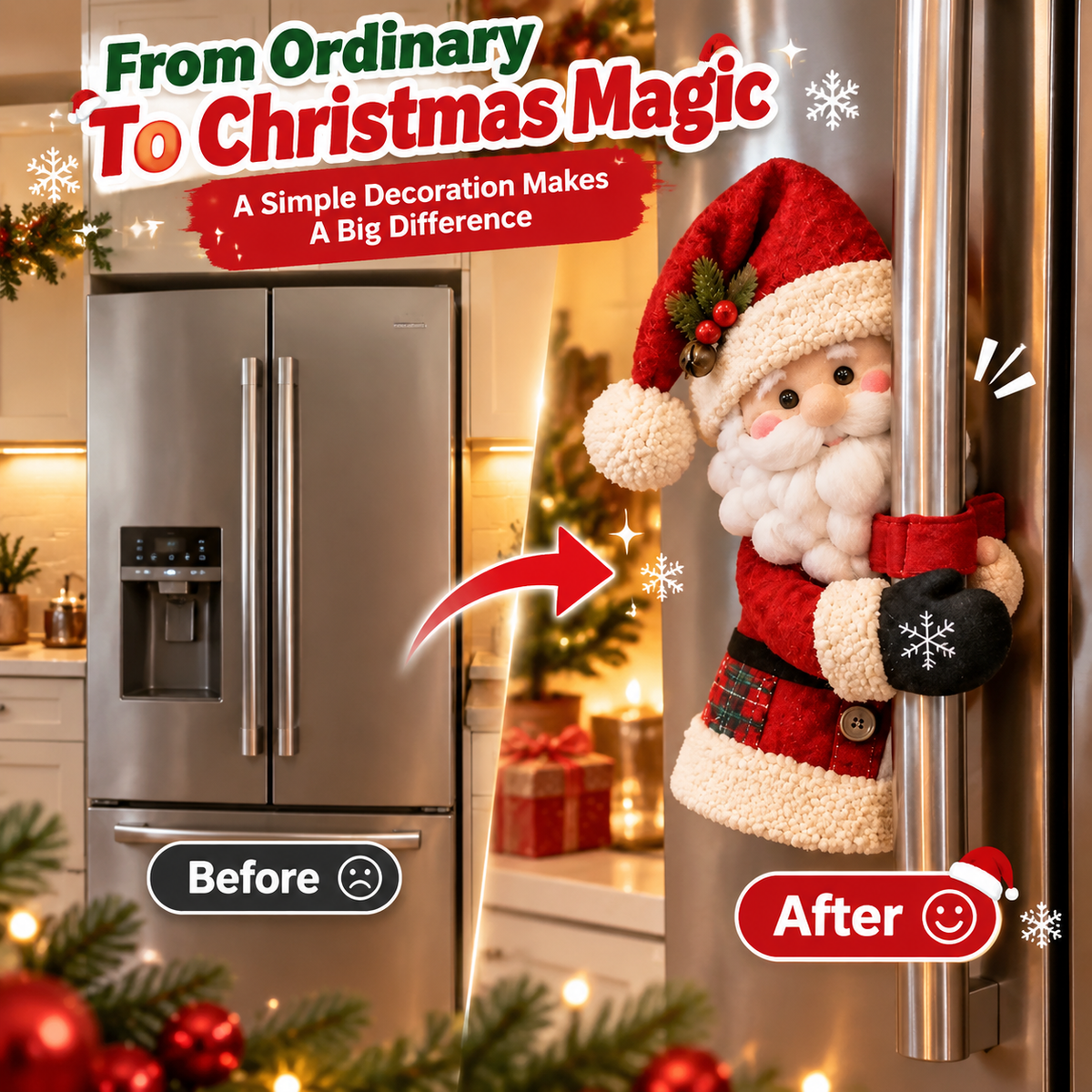 🎄 Santa & Snowman Christmas Refrigerator Door Handle Covers Kitchen Holiday Décor 🎅