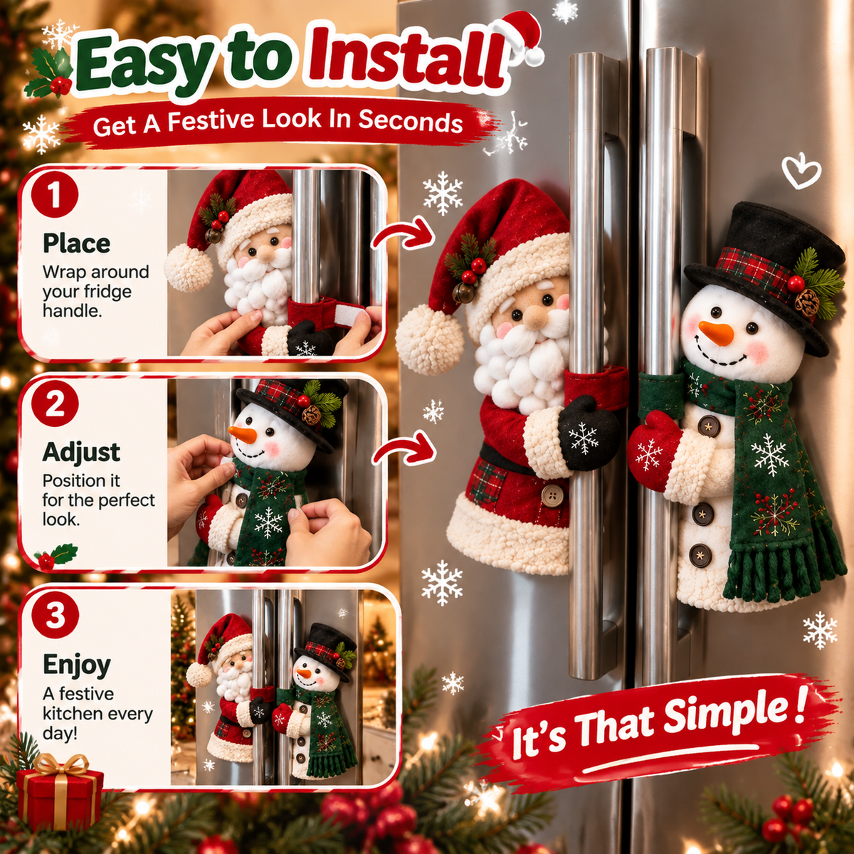 🎄 Santa & Snowman Christmas Refrigerator Door Handle Covers Kitchen Holiday Décor 🎅