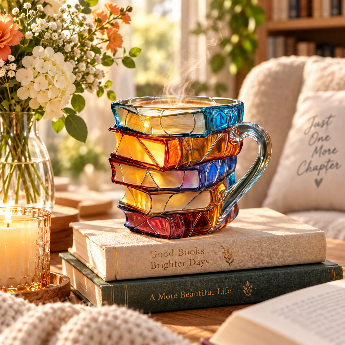📚 Stacked Book Mug – Colorful Coffee Cup Gift for Book Lovers ☕
