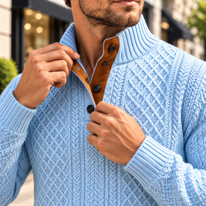 🍂 Men's Henley Jacquard Knit Sweater – Soft Casual Fall & Winter Pullover