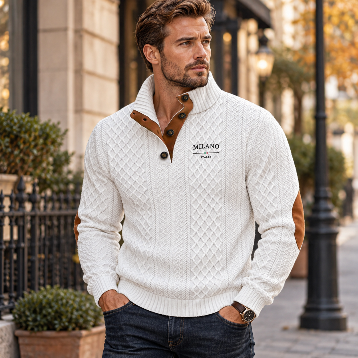 🍂 Men's Henley Jacquard Knit Sweater – Soft Casual Fall & Winter Pullover