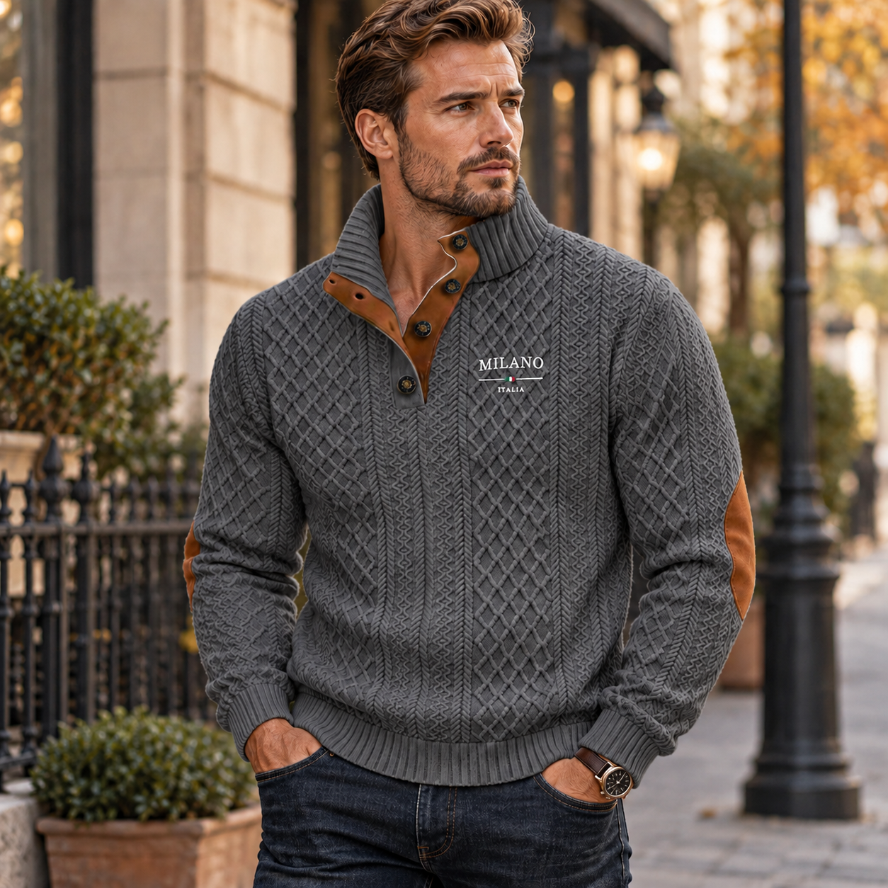 🍂 Men's Henley Jacquard Knit Sweater – Soft Casual Fall & Winter Pullover