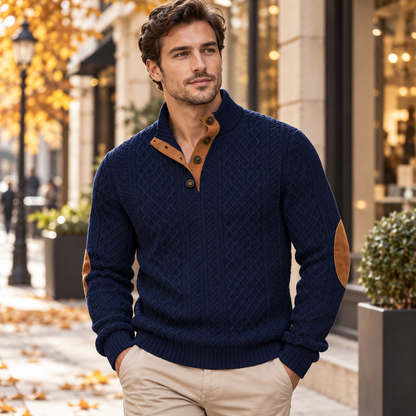 🍂 Men's Henley Jacquard Knit Sweater – Soft Casual Fall & Winter Pullover
