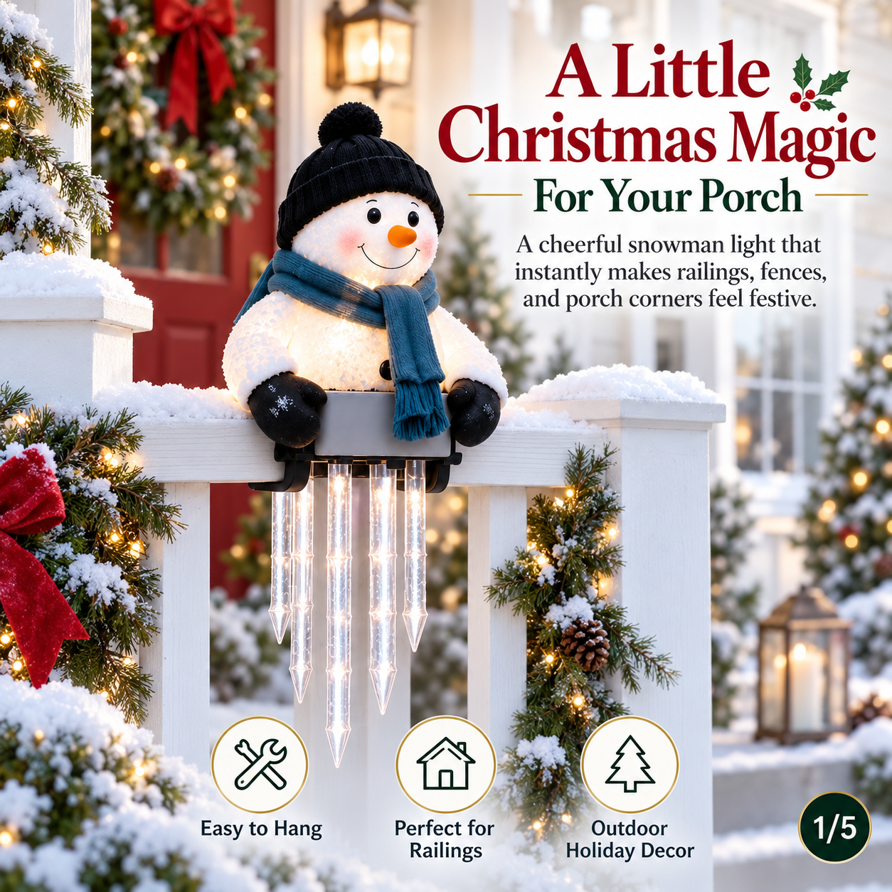 ☃️ WinterGlow Snowman Icicle Railing Light – Outdoor Christmas Porch Decor ✨
