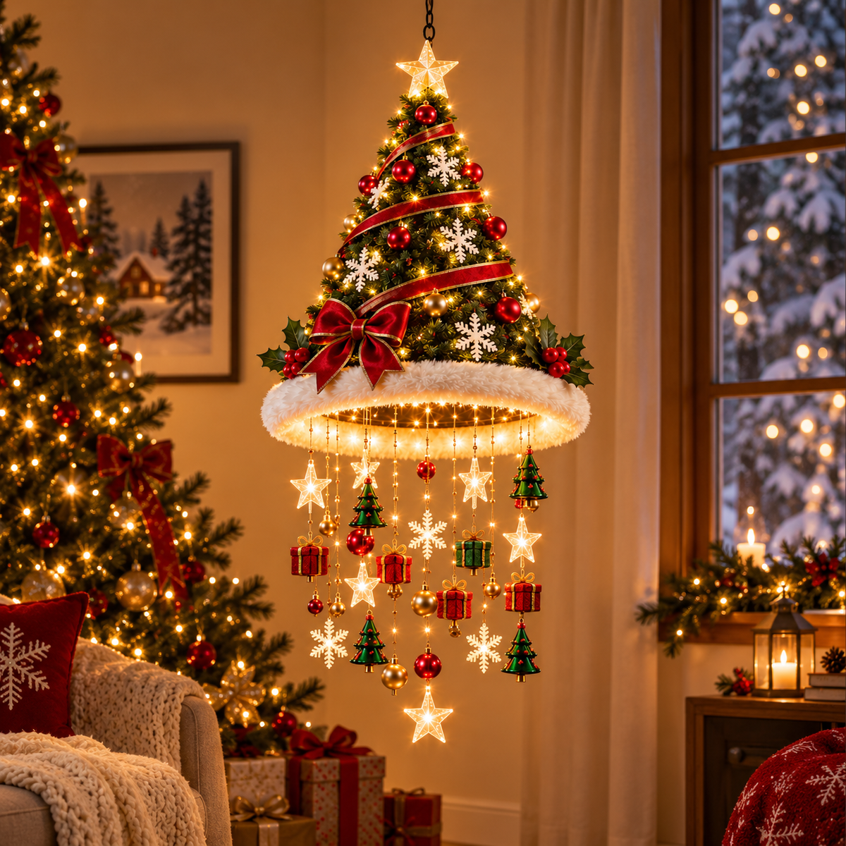 🎄✨Christmas Hat Hanging Chandelier Light with Festive Ornaments