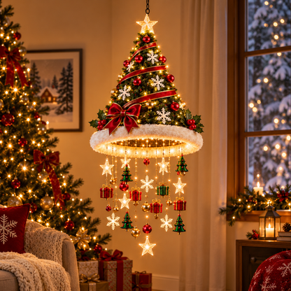 🎄✨Christmas Hat Hanging Chandelier Light with Festive Ornaments